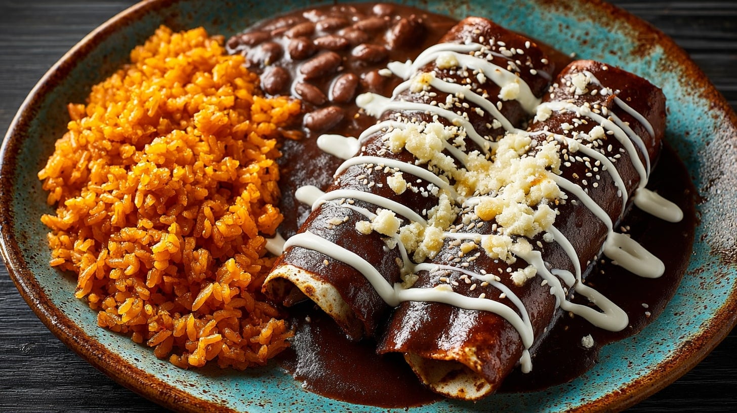 Enchiladas de pollo bañadas en salsa de mole negro, espolvoreadas con ajonjolí, un clásico mexicano de sabor profundo y aromático. - (Imagen Ilustrativa Infobae)