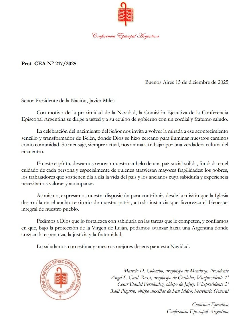 La carta enviada por los obispos al Presidente, fechada el 15 de diciembre
