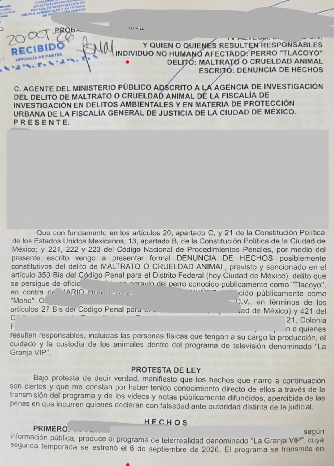 El documento habría incluido a quienes resultaran responsables del cuidado, producción y custodia de los animales del reality de TV Azteca(RS)