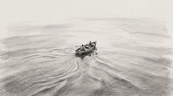 Dibujo a lápiz desde una vista superior que muestra una barca de remos con dos personas sobre el agua.
