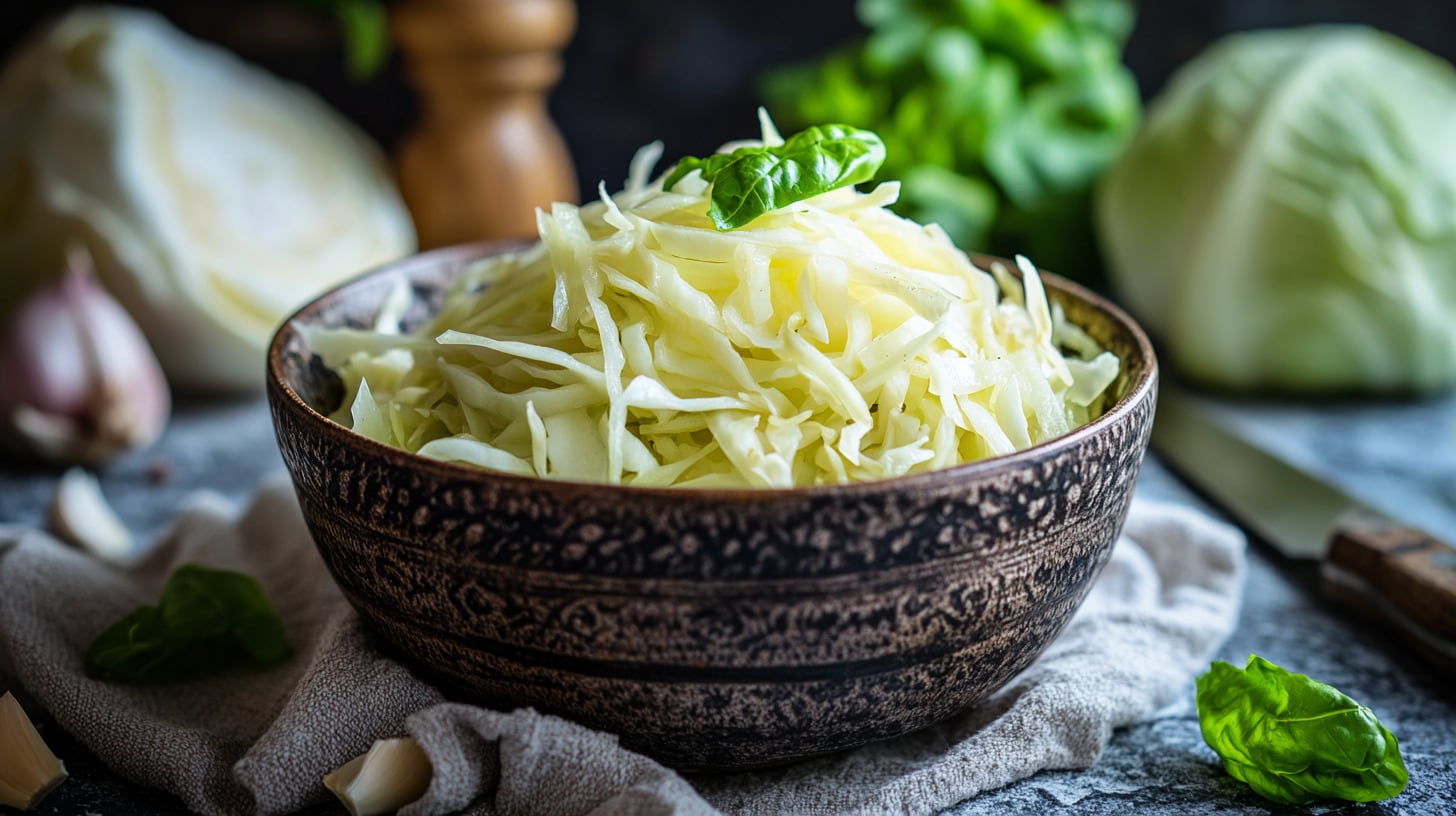 Un plato de chucrut preparado con repollo fermentado, un acompañamiento tradicional rico en probióticos y sabor. – (Imagen Ilustrativa Infobae)