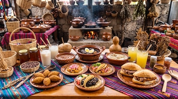 Platos con comida mexicana, tacos, tortas, vasos con bebida y frascos de miel sobre un mantel artesanal frente a un fogón con ollas de barro.