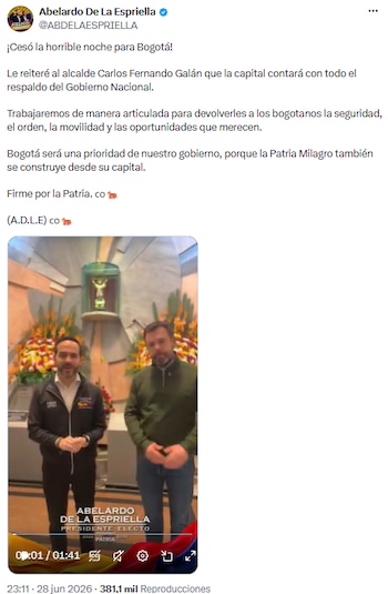 Abelardo de la Espriella garantizó apoyo estratégico a la capital y llamó a trabajar junto a la alcaldía - crédito @ABDELAESPRIELLA/X