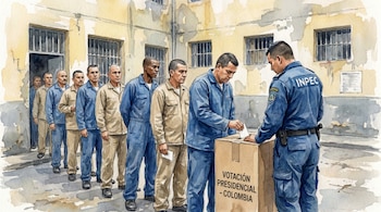 Acuarela: Una fila de hombres con uniformes de prisión vota en una urna de cartón con la etiqueta "Votación Presidencial - Colombia", supervisados por un guardia del INPEC.
