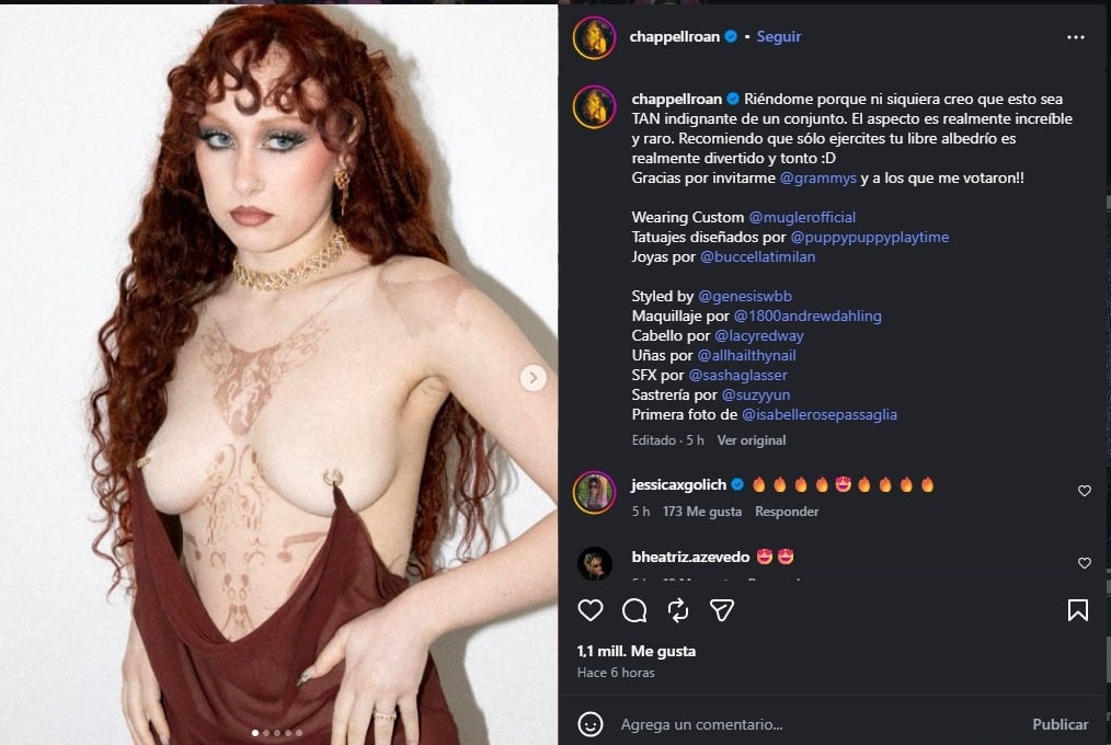 Chappell Roan defendió su vestido tras los Grammy. (Instagram)