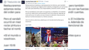 Captura de pantalla de una publicación digital con texto en español y dos imágenes de una estatua y un letrero con pintura roja
