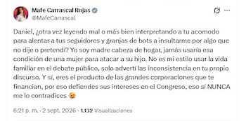 Mafe Carrascal negó que hubiera atacado a la madre de Daniel Briceño y sostuvo que el congresista había interpretado sus palabras de manera equivocada para provocar reacciones - crédito @MafeCarrascal/X