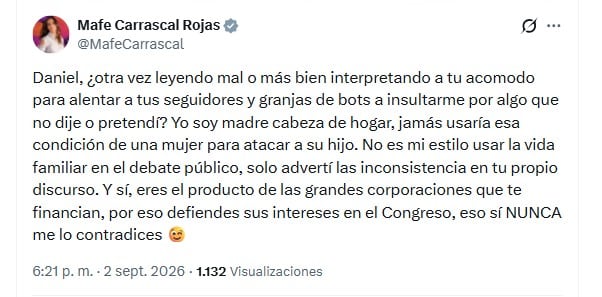 Mafe Carrascal negó que hubiera atacado a la madre de Daniel Briceño y sostuvo que el congresista había interpretado sus palabras de manera equivocada para provocar reacciones - crédito @MafeCarrascal/X