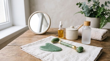 Rodillo y piedra de gua sha sobre un paño, junto a botellas de cosméticos, un espejo redondo y una toalla sobre una mesa de madera.