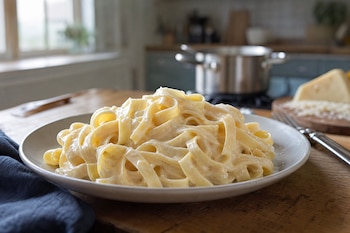 Un plato profundo con pasta fettuccine en salsa blanca sobre una mesa de madera, al lado de un trozo de queso y una olla al fondo.