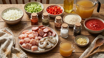 Vista aérea de una mesa de madera con ingredientes de jambalaya: pollo, salchicha, camarones, arroz, vegetales picados, especias, aceite y caldo.