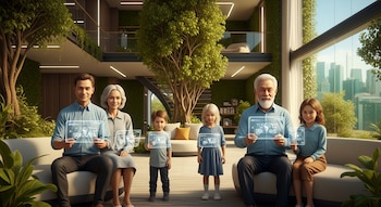 Cinco personas de tres generaciones posan en una sala moderna con árboles interiores y vistas a la ciudad. Todos sostienen tabletas holográficas transparentes.
