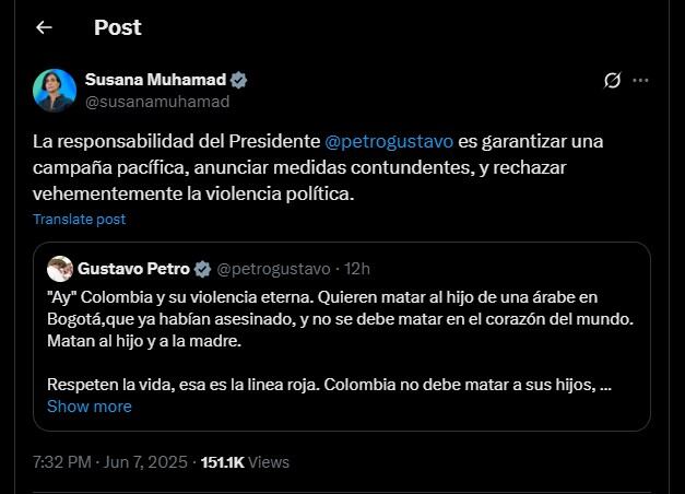 Susana Muhamad contestó a la publicación de Gustavo Petro sobre lo ocurrido con Miguel Uribe - crédito @susanamuhamad