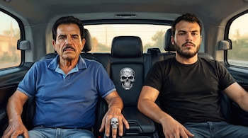 Dos hombres sentados en un coche. Uno lleva camisa azul y un anillo de calavera; el otro, camiseta negra. Un emblema de calavera "ANTRAX" está en el respaldo.