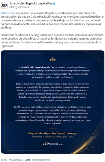 JEP rechazó estigmatización y exigió garantías para comparecientes en procesos de paz - crédito @JEP_Colombia/X