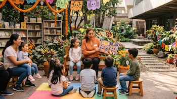 Una mujer sentada en una banca lee un libro abierto a varios niños reunidos en un patio rodeado de plantas, estanterías y papel picado.