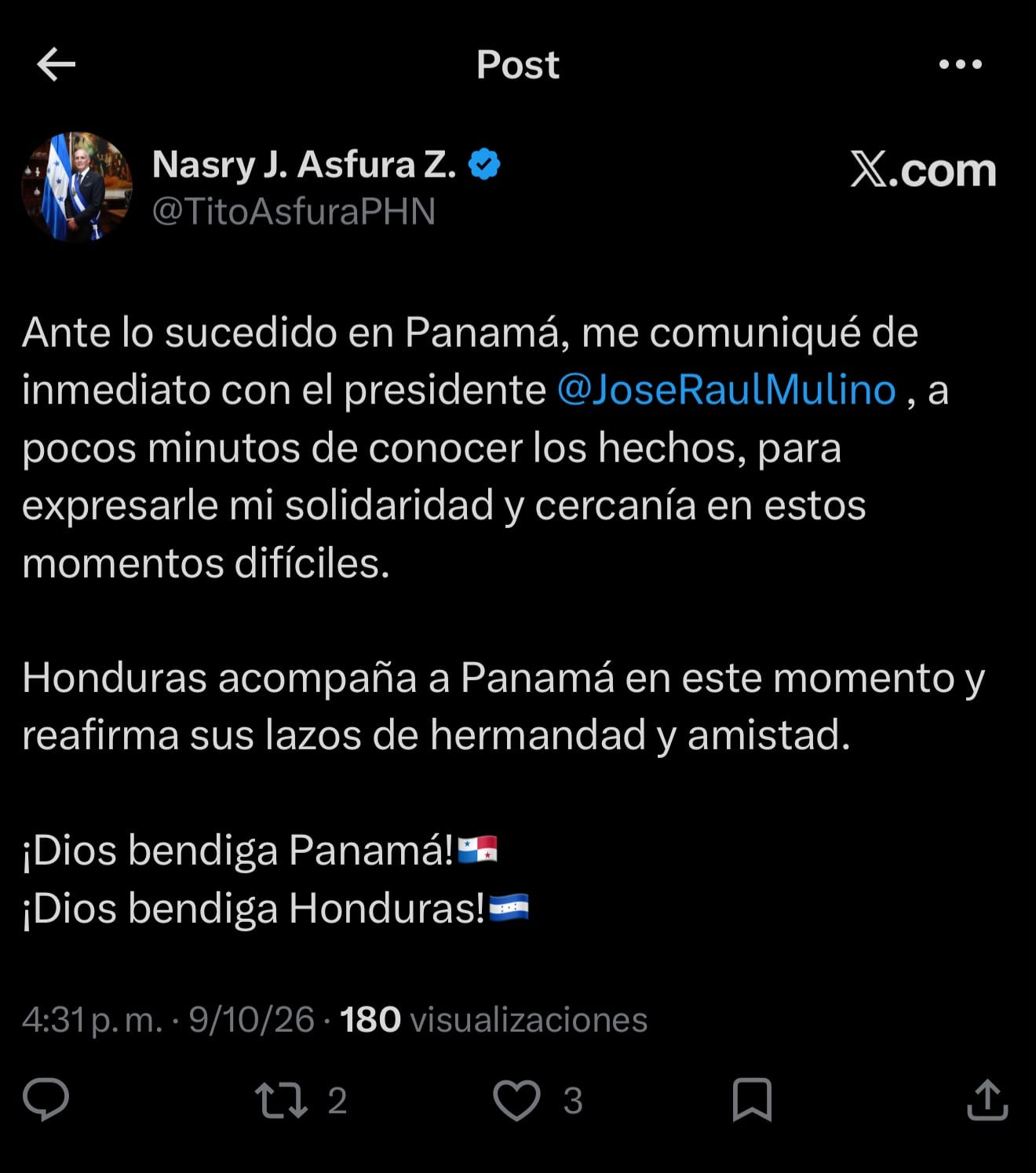 El mandatario hondureño reafirmó los lazos de amistad y hermandad entre Honduras y Panamá ante la emergencia. (Foto: X)