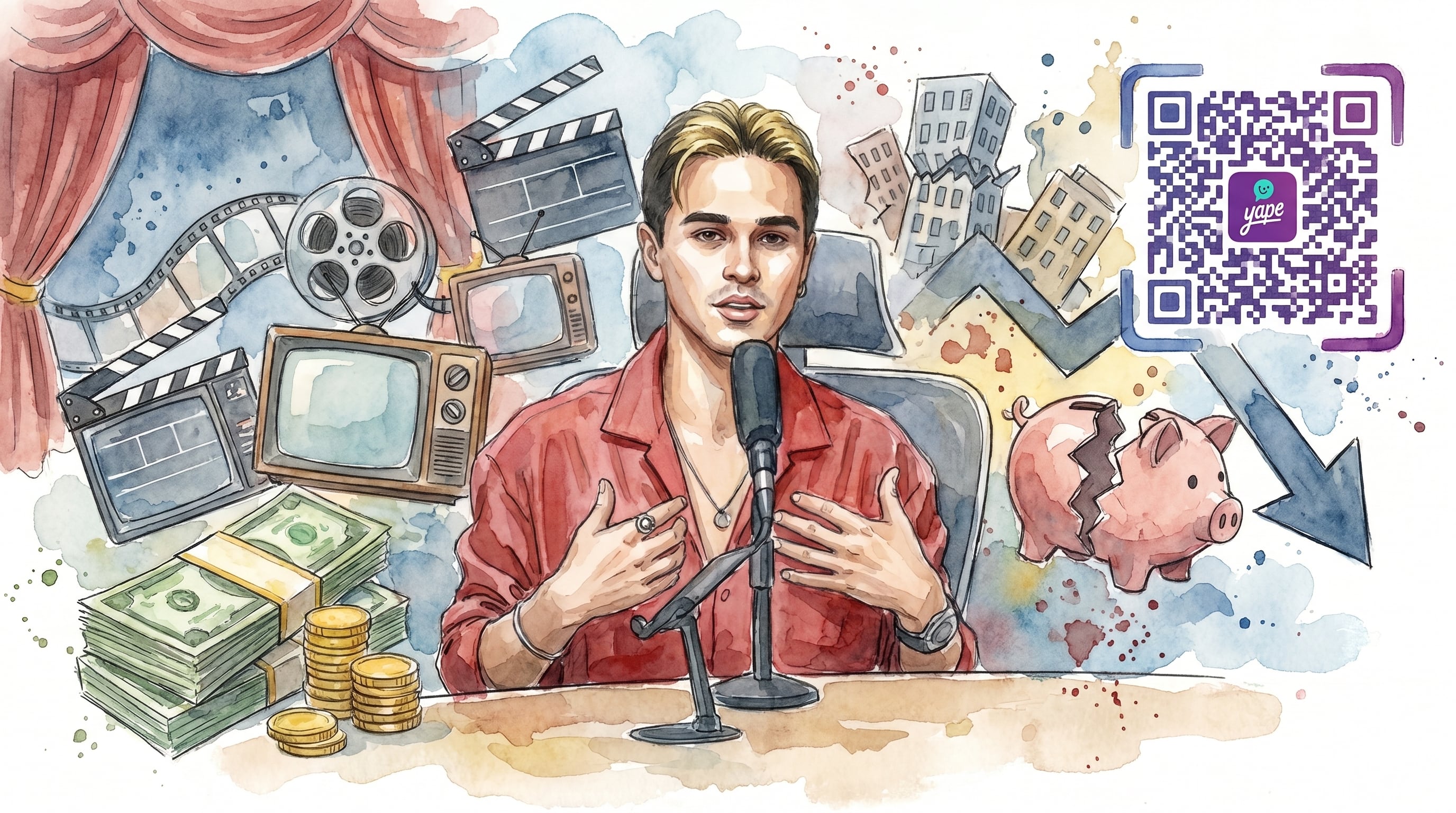 Una ilustración en acuarela retrata a Brando Gallesi, actor, en medio de símbolos de su trayectoria exitosa en cine y televisión, contrastando con el declive financiero, un código QR de Yape y una alcancía rota. (Imagen Ilustrativa Infobae)