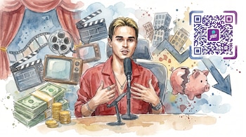 Ilustración en acuarela de Brando Gallesi hablando por micrófono, rodeado de objetos que simbolizan su carrera actoral, riqueza, quiebra financiera y un código QR de Yape.