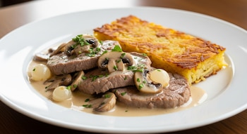 Un plato blanco contiene filetes de ternera con salsa cremosa, champiñones, cebollas perla y perejil, junto a una porción de Rösti de patata.