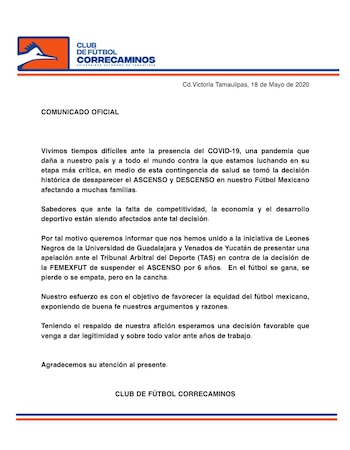 Comunicado de Correcaminos (Foto: Correcaminos