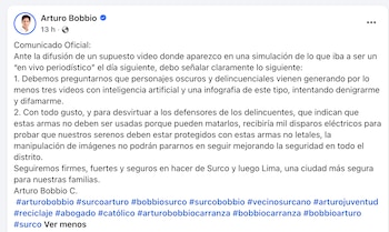 Captura de pantalla de una publicación de Facebook de Arturo Bobbio con su foto de perfil y un comunicado oficial en texto blanco sobre fondo claro