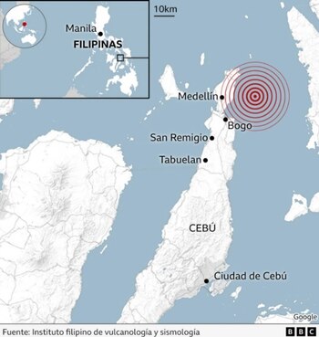 Mapa de Filipinas con un recuadro que muestra la isla de Cebú, marcando ciudades como Bogo, Medellín y Ciudad de Cebú, y el epicentro de un terremoto con círculos concéntricos
