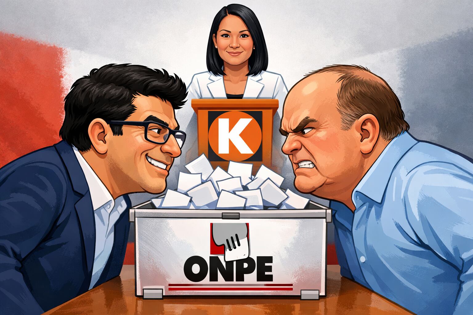 Una caricatura política muestra a Roberto Sánchez y Rafael López Aliaga tensos ante una urna electoral, mientras Keiko Fujimori observa con confianza desde un podio con el logo de Fuerza Popular. (Imagen Ilustrativa Infobae)