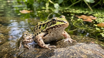 Rana de piel verde y parda con manchas negras posada sobre una roca sumergida en un cuerpo de agua con vegetación.