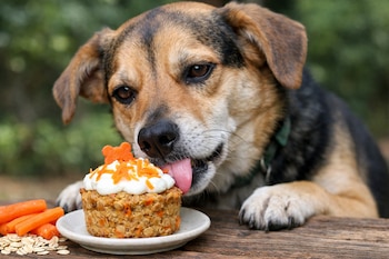 Perro mestizo lame pastelito con glaseado, zanahoria rallada y adorno naranja. A su lado, zanahorias, avena y una mesa de madera con fondo verde.