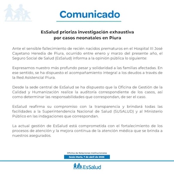 Piura - EsSalud - Bebés recién nacidos - Infección - Perú - 8 abril