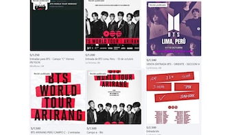 Pantallazos de varias publicaciones en línea ofreciendo entradas para conciertos de BTS en Lima, Perú, con precios en soles peruanos y fechas de octubre