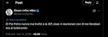 Álvaro Uribe negó que haya sido invitado a la JEP por el presidente Petro - crédito @AlvaroUribeVel