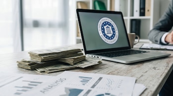 Montón de billetes de dólar estadounidense en un escritorio. Una laptop abierta con el logo de la Superintendencia de Bancos de la República Dominicana se ve al fondo.