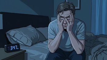 Un hombre sentado en la cama en una habitación oscura con las manos en el rostro, junto a un reloj digital que marca las tres y cuarenta y siete de la mañana.