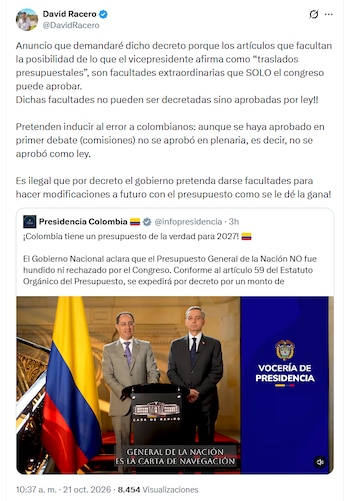 David Racero anunció acciones judiciales contra el decreto que fijará el Presupuesto General de la Nación de 2027 - crédito @DavidRacero/X