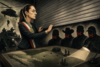 Caricatura de Claudia Sheinbaum bajando una persiana ante figuras sombrías, junto a un mapa militar con figuras tácticas y un helicóptero.