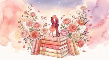 Ilustración en acuarela con una pila de libros, la silueta de una pareja besándose, flores rosadas, cartas y un fondo en tonos pastel.