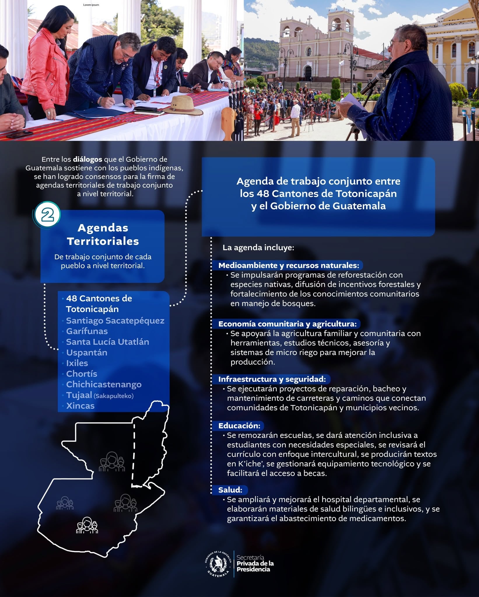 Funcionarios del Gobierno de Guatemala y representantes indígenas firman agendas territoriales de trabajo que incluyen desarrollo social, económico e infraestructura. (Secretaría Privada de la Presidencia de Guatemala)