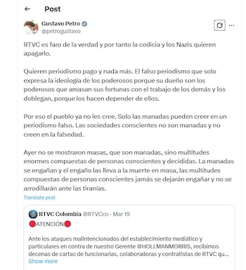 Gustavo Petro defendió a Rtvc por medio de su cuenta de X - crédito @petrogustavo