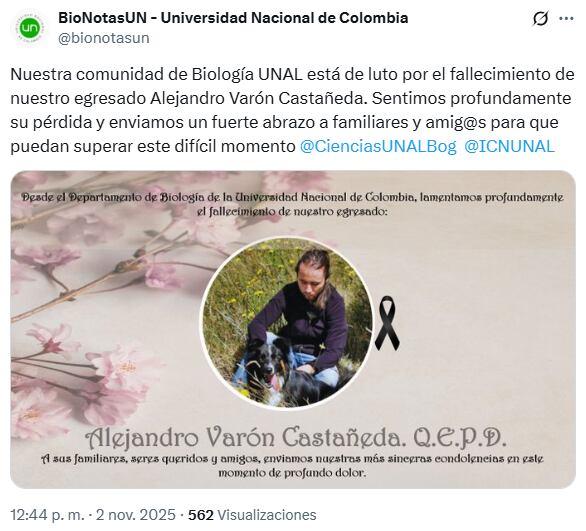 La institución expresó sus condolencias a los allegados de Varón Castañeda - crédito  @bionotasun/x
