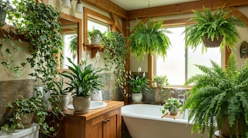 Baño luminoso con vigas de madera y azulejos. Múltiples plantas de hojas verdes y blancas en macetas y colgantes, una bañera exenta y un lavabo de madera.