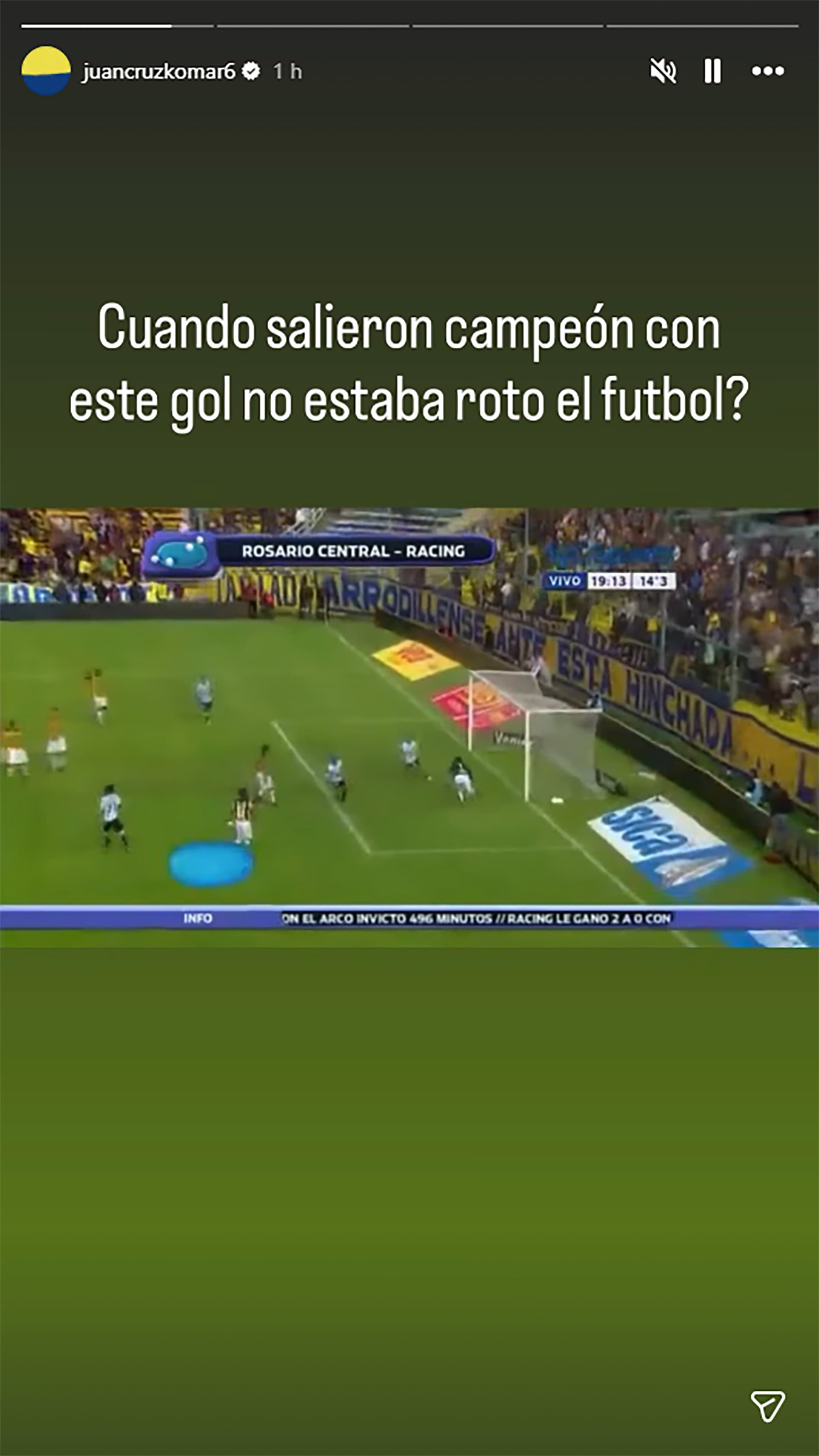 Uno de los posteos de Juan Cruz Komar luego del triunfo de Central ante Racing (Instagram)