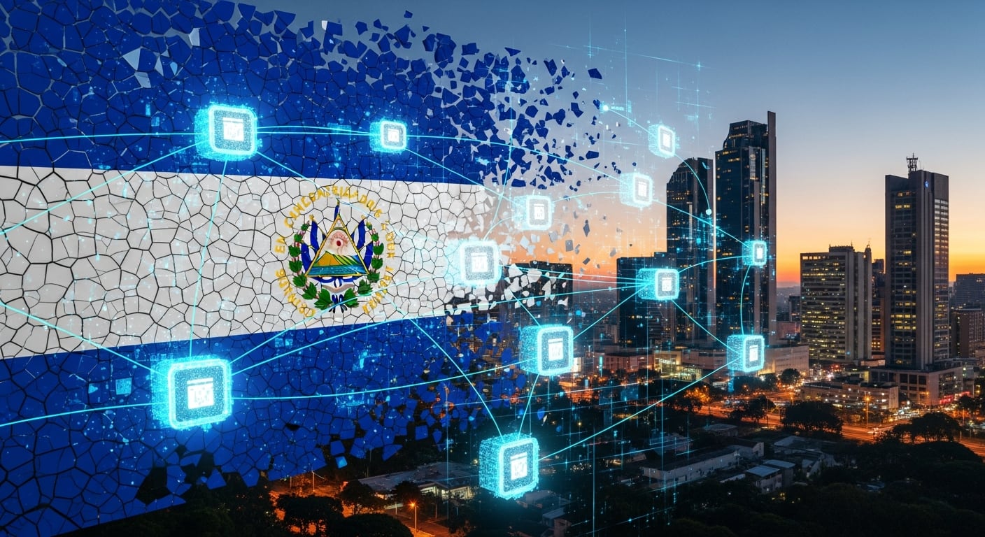 Una representación conceptual muestra la bandera de El Salvador desintegrándose en nodos de tokenización sobre el horizonte de la ciudad de San Salvador al atardecer, simbolizando la adopción tecnológica del país. (Imagen Ilustrativa Infobae)