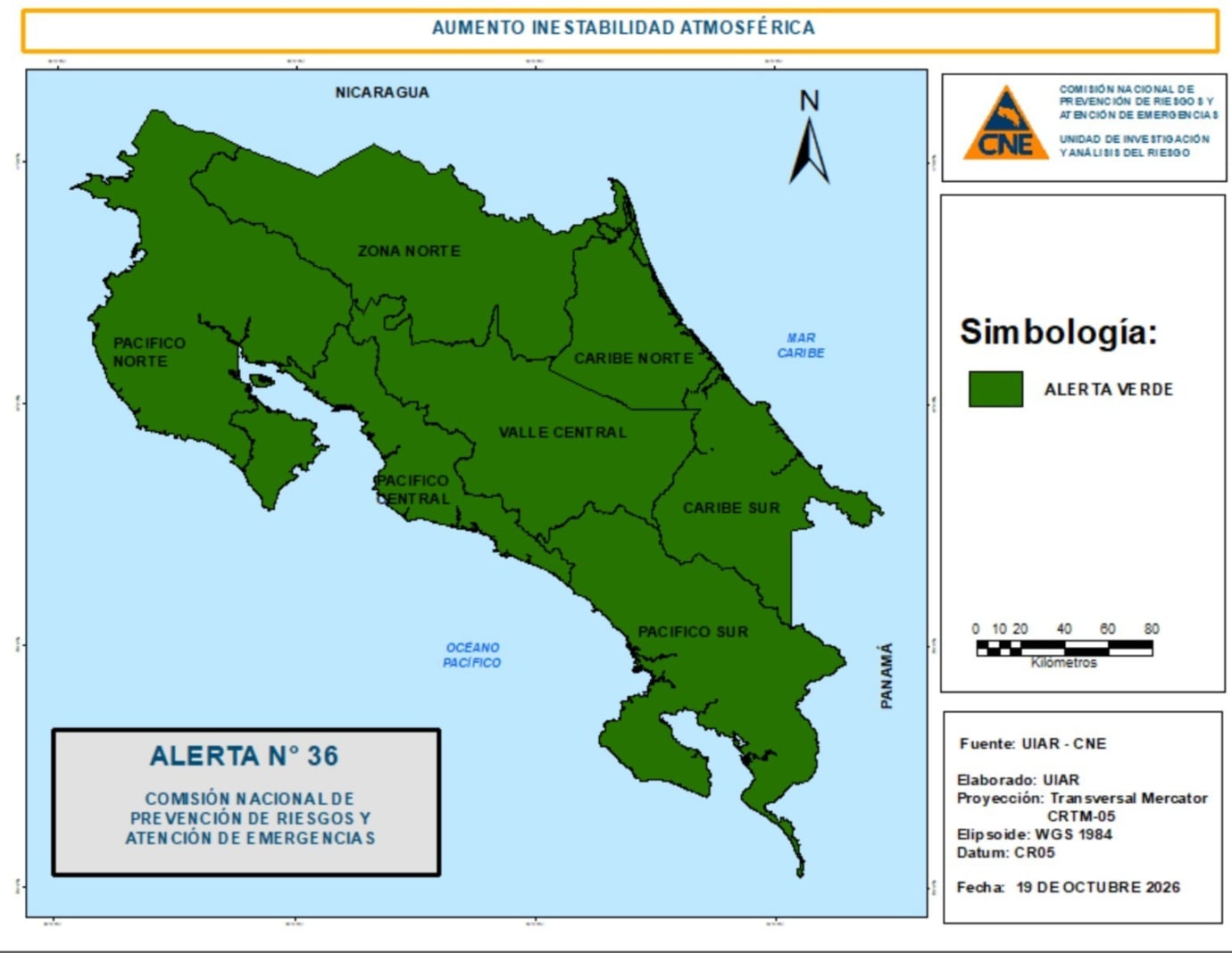 La Comisión Nacional de Emergencias (CNE) declaró este lunes 19 de octubre alerta verde para todo Costa Rica ante el aumento de la inestabilidad atmosférica y el riesgo de nuevas inundaciones.