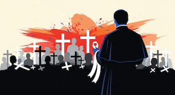 Ilustración de un sacerdote de espaldas sosteniendo un listón blanco, frente a un campo de cruces y siluetas grises sobre un fondo rojo y naranja.