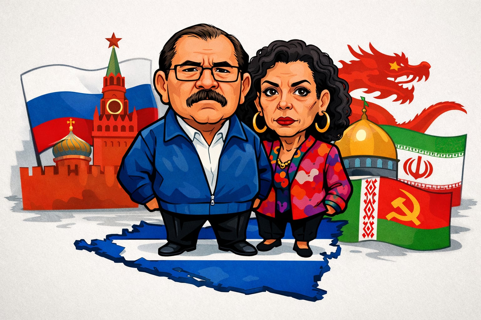 Caricatura política que representa a Daniel Ortega y Rosario Murillo de pie sobre un mapa de Nicaragua, flanqueados por banderas y símbolos de Rusia, China, Irán y Belarús, ilustrando sus alianzas internacionales. (Imagen Ilustrativa Infobae)