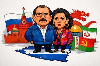 Caricatura de Daniel Ortega y Rosario Murillo, en el centro, sobre un mapa de Nicaragua. Detrás, banderas y símbolos de Rusia, China, Irán y Belarús.
