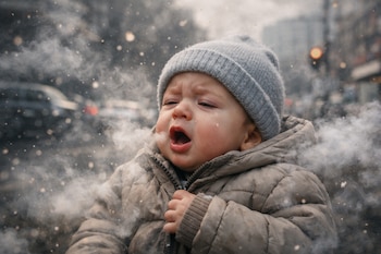 Un bebé con gorro gris y chaqueta de invierno abre la boca, con lágrimas en los ojos, rodeado de humo y partículas visibles en el aire de la ciudad.
