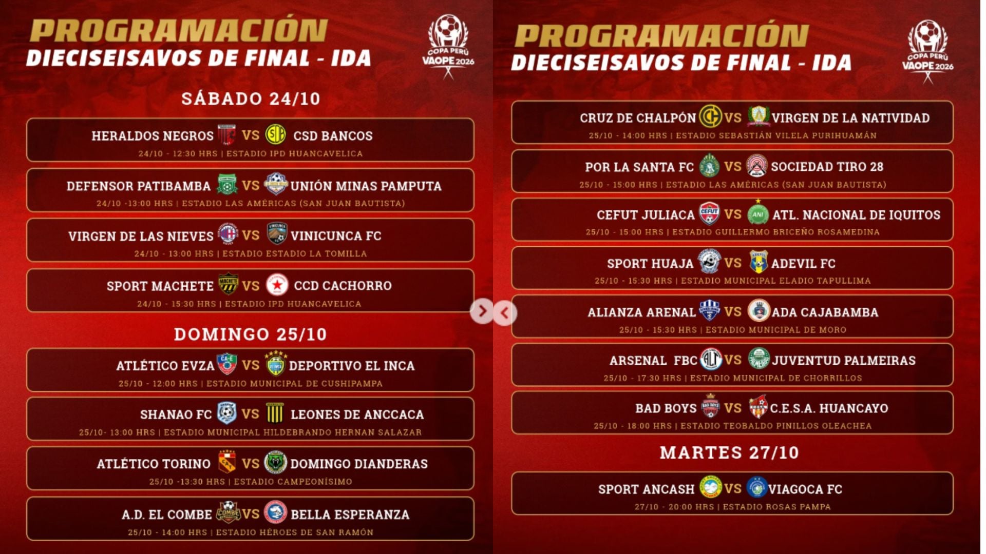 Así se jugarán los 16avos de final ida de la Copa Perú 2026. (copaperuvaope2026)
